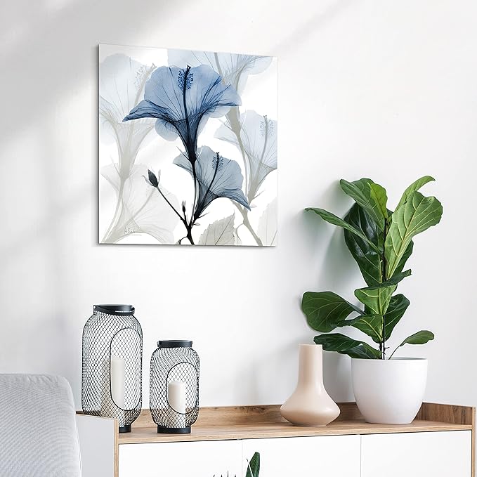 Empire Art Direct Frameless Free Floating Tempered Glass Panel Graphic Wall Art Ready to Hang, 24" x 24", Blue X-ray Floral, Flower wall art