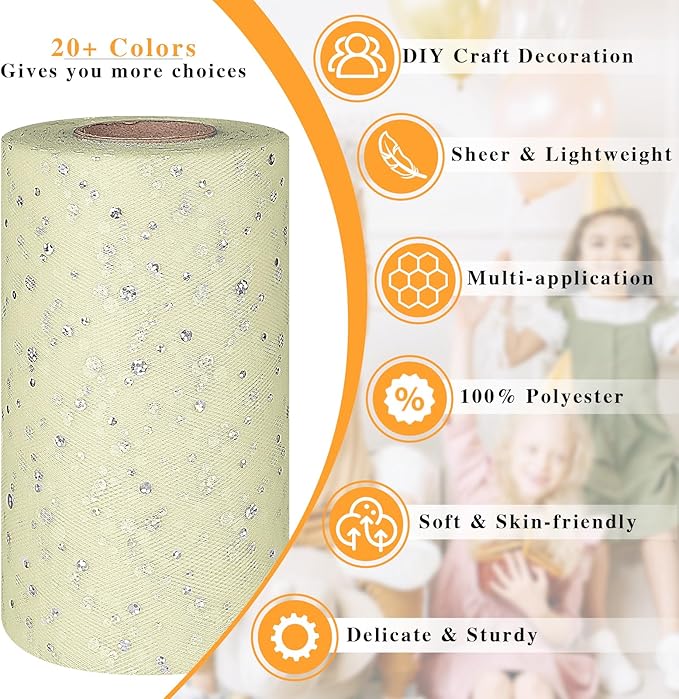 Glitter Tulle Rolls, 6' by 50 Yards (150FT) Sequin Tulle Netting Fabric for Tutu Skirts Sewing Birthday Wedding Party Decoration (Ivory)