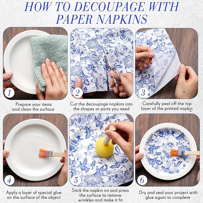 Crtiin 36 Pack 9 Styles Decoupage Napkins Assorted Floral Decorative Decoupage Napkins Chinoiserie Cocktail Paper for DIY Crafting Birthday Party, Each Unfolded 13 Inch(Blue and White Floral)