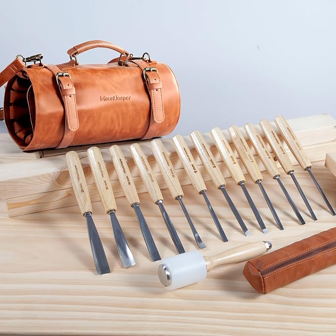 Wood Carving Tools, Wood Carving Kit of 12 Chisels, 1 Nylon Hammer & Leather Bag, CR-V Wood Chisel Set Whittling Kinves Kit, Carving Knife Set for Beginners, Carpenters
