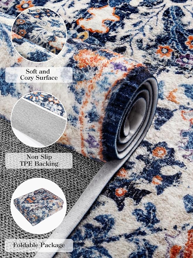Lahome Washable Runner Rug, 2x5 Bohemian Kitchen Rug Runners Low Pile Bathroom Runner Rugs with Rubber Backing, Printed Throw Carpet Runners for Laundry Room Hallway Bedside, Blue Purple/Multi