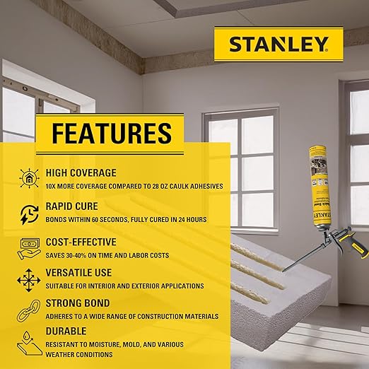 Stanley Quick Bond Adhesive Foam - 2x24oz, Reliable Bond Adhesive for Various Materials, Strong bonding, No Mixing, Gun Use, Including Gun, Cleaner | 2 Pack