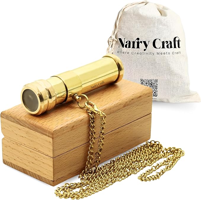 Brass Kaleidoscope with Wooden Box | Handcrafted Vintage Kaleidoscope with Optical Glass Lens & Wooden Storage Box – Collectible Gift for Kids & Adults (Golden/Brass, Small)