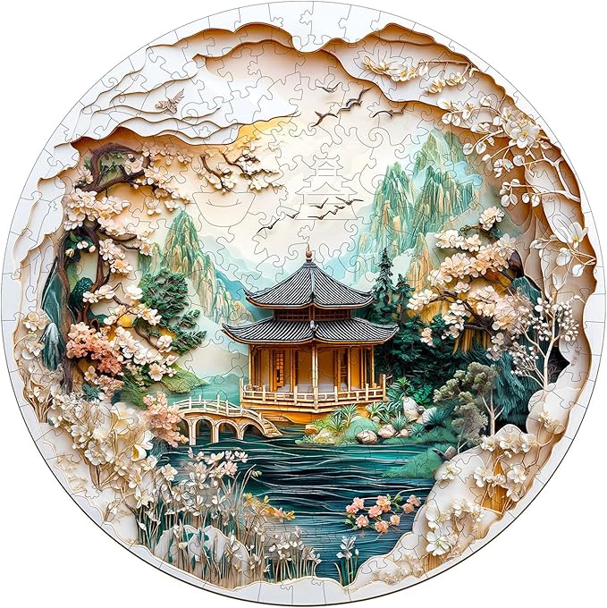 KAAYEE Wooden Puzzles for Adults, 3D Visual Effect Chinese Landscape Painting Wooden Jigsaw Puzzle Unique Shape Wood Puzzle Adult, 3D Effect Flat Puzzle Birthday Family Games (L-13.4*13.4 in-285pcs)