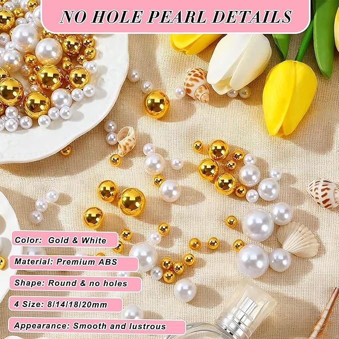 Pearl Beads No Hole Pearls for Crafting 180 Pcs Fake Pearls Faux Pearls for DIY Crafts Jewelry Making Vase Filler Floating Candle Wedding Birthday Party Home Decorations (Gold & Ivory, 8/10/14/20mm)