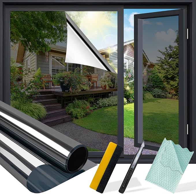 Niviy One Way Window Privacy Film with Installation Tools, Window Tint for Home, Reflective Window Film See Out Not in for Home Office,Black Silver, 23.6 Inch X 78.7 Inch