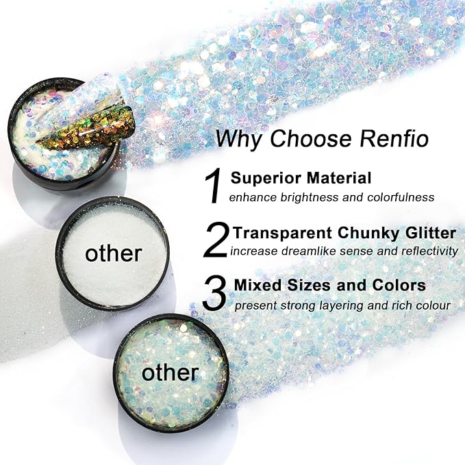 Renfio Opal Chunky Glitter, 1.75oz/50g Red Glitter, Dreamy High Sparkle Glitter for Crafts Holographic Fine Glitter Mix Iridescent Glitters Flake for Resin Nails Hair Snow Globe - Christmas Carnivals