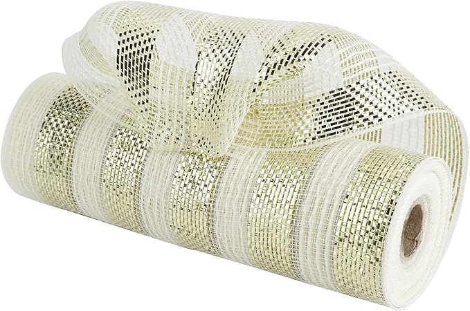 MEEDEE Cream Cotton & Deluxe Metallic Champagne Striped Deco Mesh - 30 Feet for Christmas Tree, Wreaths, Garland, Gift Wrapping, Bows Making