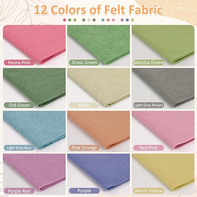 XSEINO 12 Rolls 8"x35" 1.4mm Thick Soft Felt Fabric Sheet 12 Assorted Morandi Series Colors Felt Pack for DIY Craft Sewing Squares Nonwoven Patchwork