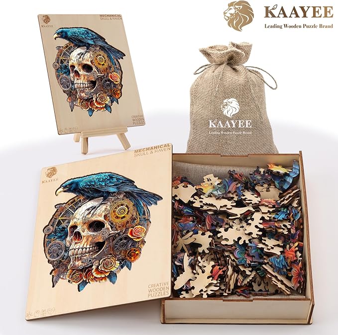 KAAYEE Wooden Puzzles for Adults, 3D Visual Effect Raven & Mechanical Skull Wooden Jigsaw Puzzle Unique Shape Wood Puzzle Adult, 3D Effect Flat Puzzle Birthday Family Games (L-13.4 * 11.9in-240pcs)