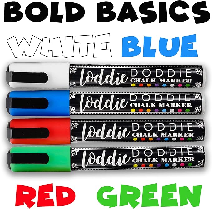 Loddie Doddie Liquid Chalk Marker Set - Pack of 4, Basic Colors, 6mm Tip - Fine-Tip Chalkboard Markers for Blackboard - Washable Window Pens for Glass - Dual Ends for Chalkboard Calendar