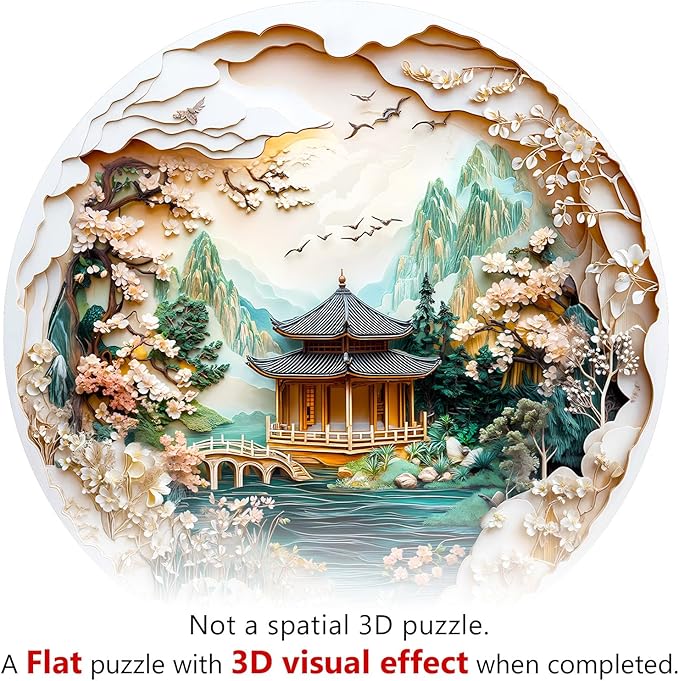 KAAYEE Wooden Puzzles for Adults, 3D Visual Effect Chinese Landscape Painting Wooden Jigsaw Puzzle Unique Shape Wood Puzzle Adult, 3D Effect Flat Puzzle Birthday Family Games (L-13.4*13.4 in-285pcs)