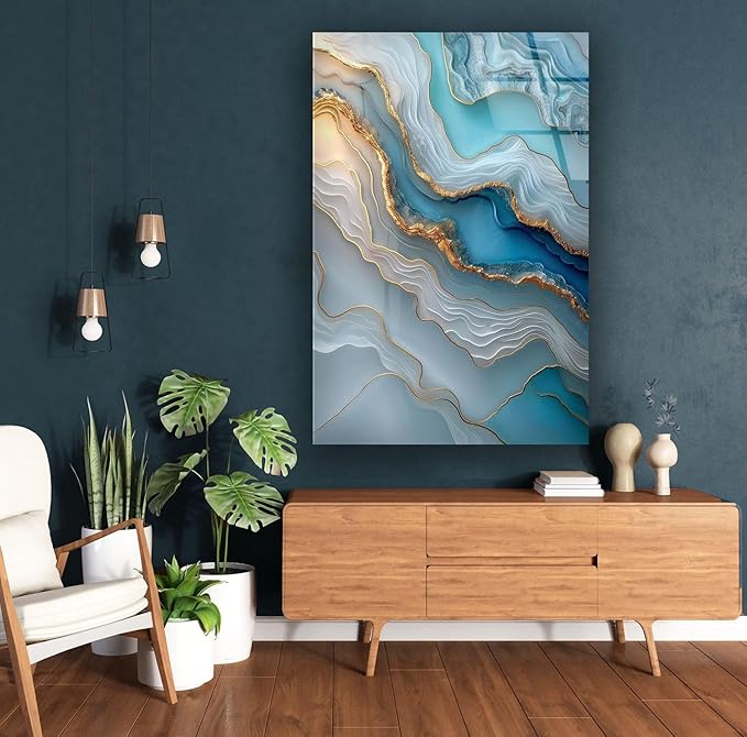My Photostation.com Round 31,5'' Turquoise and Blue Alcohol ink Glass Wall Art Tempered Glass Printing Wall Decor Large Wall Art Wall Hangings