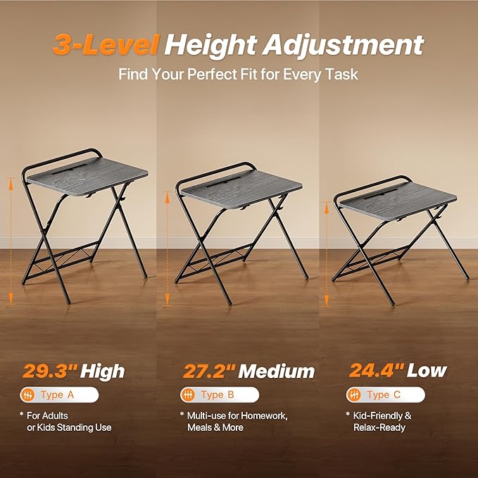 Huuger Folding Desk with 3-Level Adjustable Height and Tablet Slot, 24 Inch Foldable Computer Desk for Small Spaces, Space Saving, Writing Work Table for Home Office, Bedroom, Study, Grey