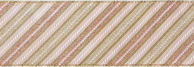 MEEDEE Pink Diagonal Striped Ribbon 2.5 Inch Blue Satin with Rose Gold and Champagne Glitter Wired Ribbon for Christmas Tree, Garlands, Wreaths, Topper Bow (10 Yards)