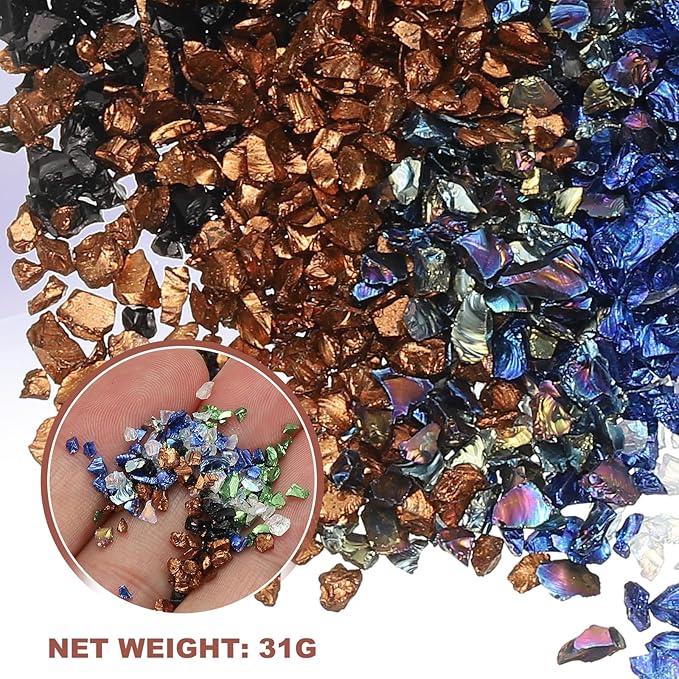 uxcell 6 Colors Crushed Glass Chips, 1-3mm Irregular Glitter Metallic Glass Broken Glasses Pieces with Laser Bag for Craft DIY Vase Epoxy Halloween Decoration 31g, Multicolored