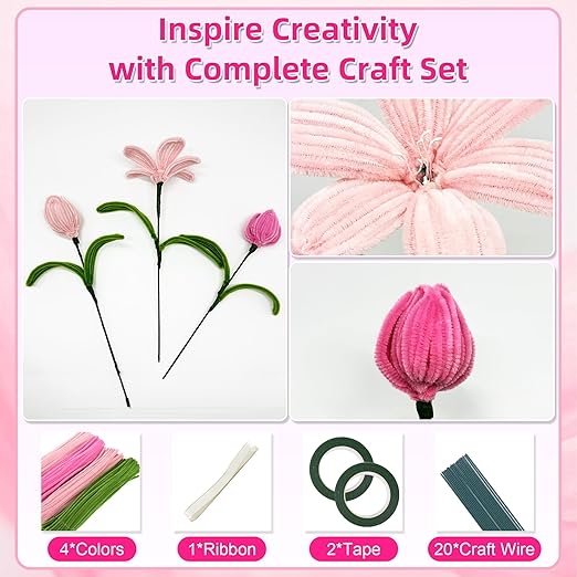 400pcs Multi-Colored Pipe Cleaners Craft Kit - Flower Making Supplies, DIY Arts and Crafts, Flexible Chenille Stems for Kids and Adults, Complete Pipe Cleaner Kit for Creative Projects