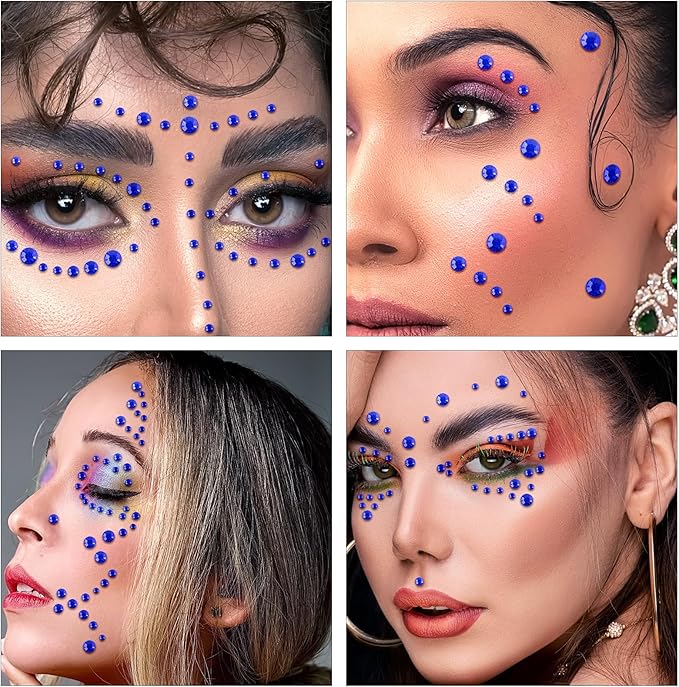 Self Adhesive Face Gems and Pearls for Makeup, Festival Jewels, Hair Gems Pearls, 3/4/5/6/8 mm Round Rhinestone Stickers for Face, Eye, Makeup, Body, Crafts 591Pcs (17_Dark Blue)