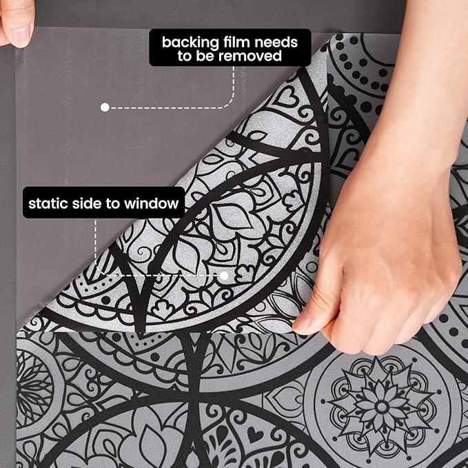 DKTIE Boho Stained Glass Look Window Privacy Film with Installation Tools, Decorative Frosted Glass Window Film Static Cling No Glue Removable, Pure Black, 35.4" x 118.1"
