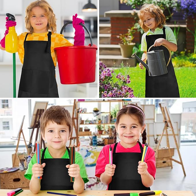 PLULON 8 Pcs Kids Apron Adjustable Kids Chef Apron Set with 2 Pocket for Painting Cooking Baking Grilling Crafting (Black)