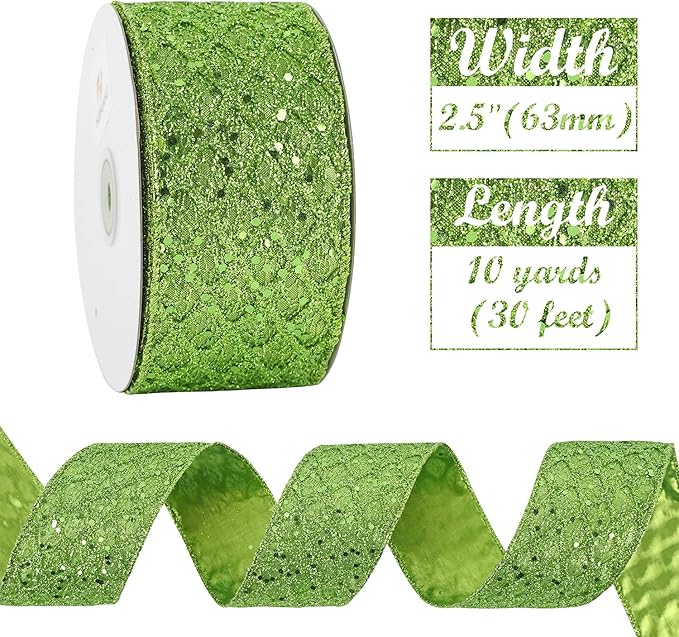 HUIHUANG Lime Green Wired Ribbon for Christmas Tree 2.5 inch Lime Green Glitter Diamond Mesh Ribbon for Tree Decoration, Wreaths, Garland, Gift Wrapping, Bows Making, Halloween Decor -10 Yards