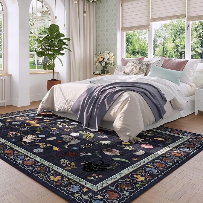 Rugcomf Area Rugs 8x10 Rug for Living Room Clearance Washable Boho Area Rug Non Slip Floral Animal Cat Vintage Low Pile Large Rug for Bedroom Farmhouse Dining Room Kids Playroom, Cobalt Blue