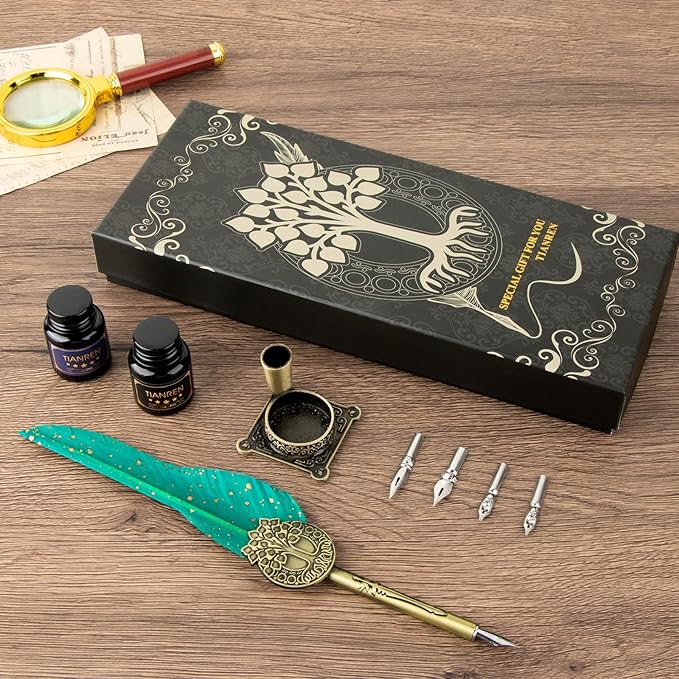 Feather Pen and Ink Set,quill pen ink set,Antique Calligraphy Pen with 4 Replaceable Nibs,2 Bottle of ink,Pen Holder Christmas Gift for Men&Women.(Green)