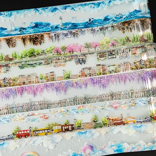 PET Tape Stickers for Junk Journal Supplies,Transparent Landscape Stickers for Scrapbook Supplies,DIY Craft,Journaling,Notebook,Phone Case(Parallel Landscapes)