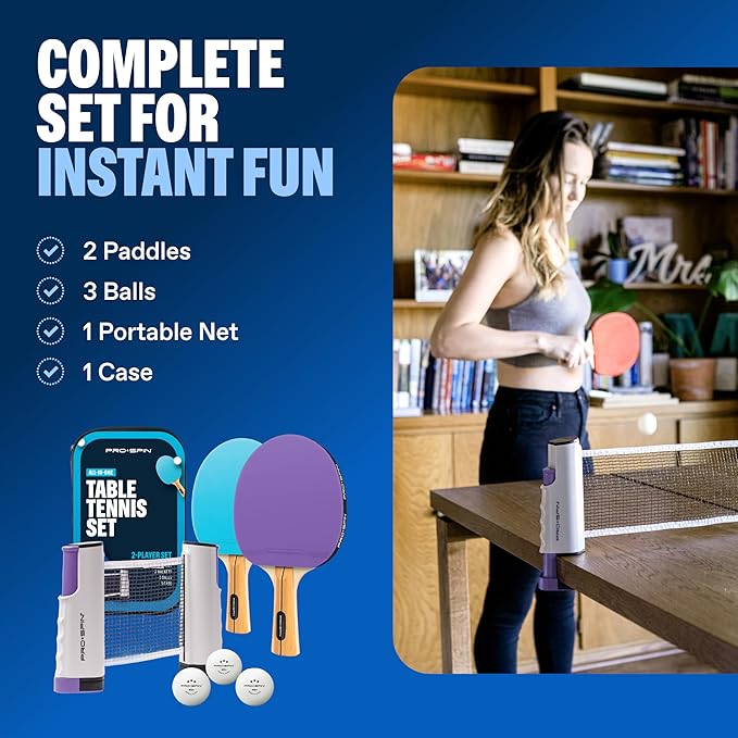 PRO SPIN All-in-One Ping Pong Set - Retractable Ping Pong Net for Any Table (72"), Ping Pong Paddles and Balls, Storage Case - Portable Table Tennis Family Games, Gifts for Boys & Girls