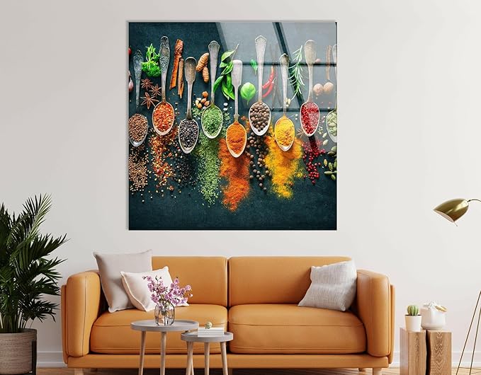 My Photostation.com 48Wx32H'' Spoon Spices Glass Wall ArtTempered Glass Printing Wall Decor Large Wall Art Wall Hangings