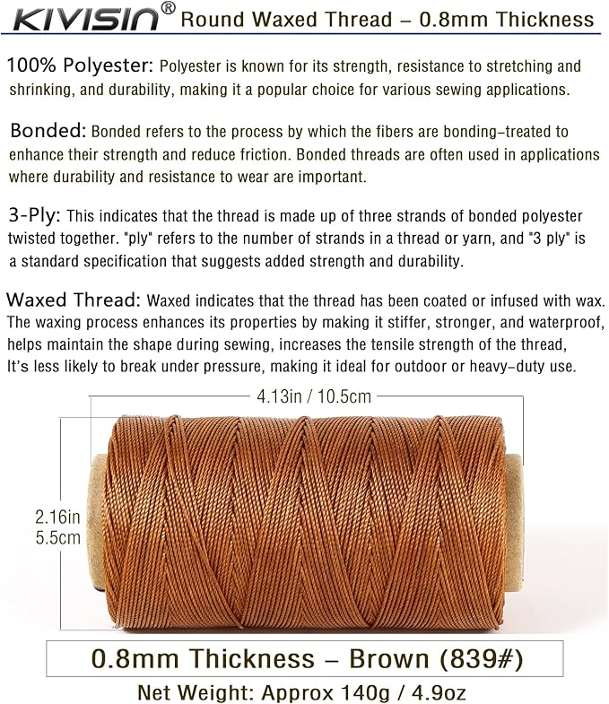 Bonded 0.8mm Round Waxed Polyester Cord, 3-ply Wax Coated Thread, 197 Yards Stiff String for Heavy Duty Fabric, Leather Sewing, Book Binding, Upholstery Repair, and Macrame Jewelry - Brown