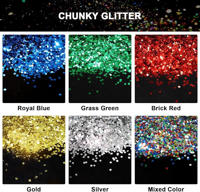 Ceya Bulk Chunky Glitter 6 Assorted Colors, 4.23OZ Each Jar Crafts Christmas Glitter, 1/24” Medium Size Nail Sequins for School Classroom Art,DIY Craft Slime Poster Card,Red,Blue,Silver,Gold,Green,Mix