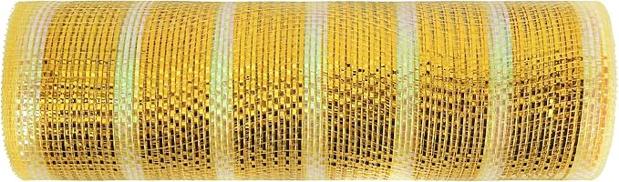 MEEDEE Gold Deco Mesh 10 Inch Deluxe Wide Foil & Iridescent Metallic Stripe Mesh Ribbon for Wreaths, Christmas Tree, Garland, Gift Wrapping, Bows Making (30 Feet)