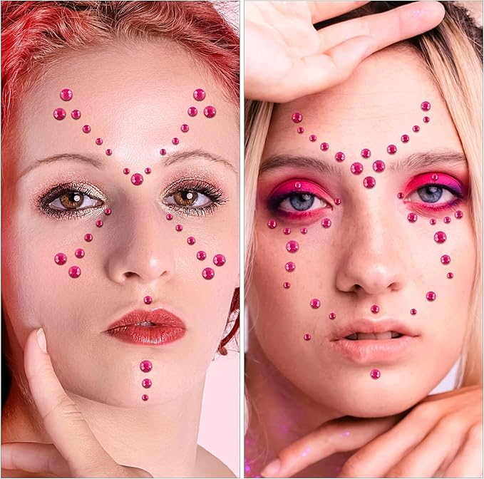 Self Adhesive Face Gems and Pearls for Makeup, Festival Jewels, Hair Gems Pearls, 3/4/5/6/8 mm Round Rhinestone Stickers for Face, Eye, Makeup, Body, Crafts 591Pcs (01_Rose red)