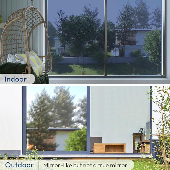 rabbitgoo Window Privacy Film One Way Window Tint for Home, Removable Reflective Heat Sun Blocking Anti UV Glass Door Covering, Mirror Tinting Film House Office, 35.4 in X 16.4 Feet, Blue Silver