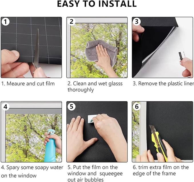 Kromapolis Blackout Window Privacy Film Total Light Blocking Room Darkening Window Covering, Removable Static Cling Frosted Glass Tint, Non-Adhesive, Black 17.5'' x 118.1''