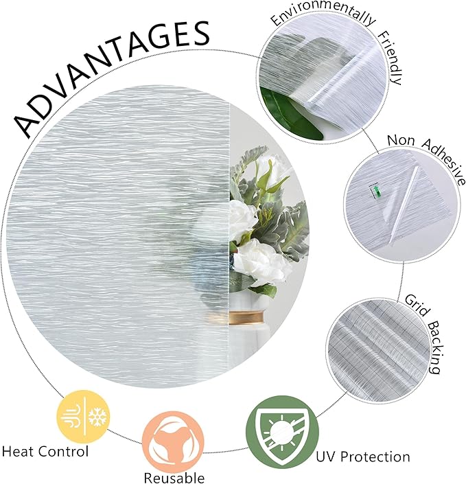 VELIMAX Frosted Window Privacy Film Non Adhesive Window Cling Removable Glass Covering Clear Water Opaque Window Film for Home Anti UV 17.7x118 inches
