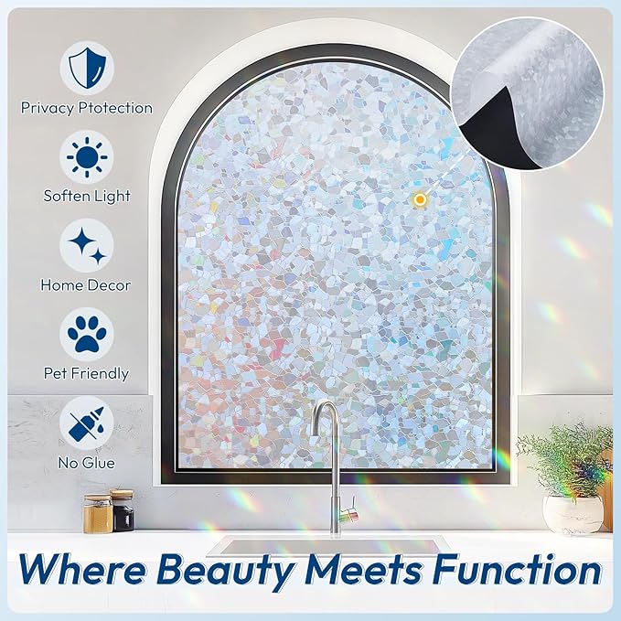 rabbitgoo Rainbow Window Privacy Film Decorative Stained Glass Diamond Pattern Window Sticker with Iridescent Tint Non-Adhesive Static Cling for Home Office Crystal Pattern, 23.6 x 78.7 inch