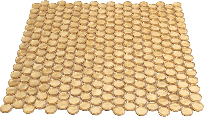 1.03 sq ft/Piece Pack of 1,Glossy Gold Glass Penny Round Mosaic Tiles – 12.2" x 12.2" Mesh-Mounted Sheets, Not Peel & Stick - Kitchen Backsplash, Shower Wall, Bathroom, Fireplace, Interior Decor