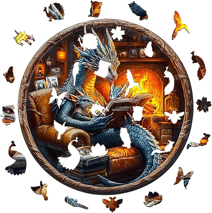 KAAYEE Wooden Puzzles for Adults, 3D Visual Effect Dragon Family Night Reading Wooden Jigsaw Puzzle Unique Shape Wood Puzzle Adult, 3D Effect Flat Puzzle Birthday Family Games (M-11.4*11.4 in-195pcs)