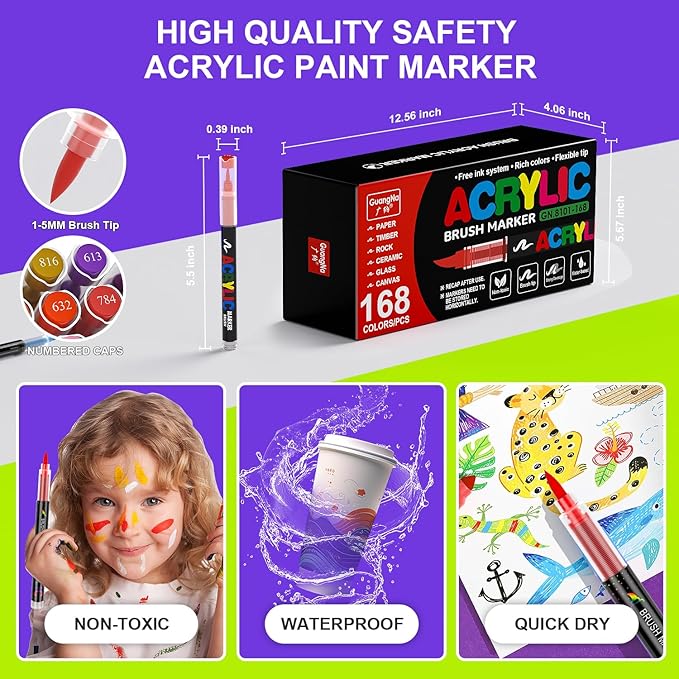 DICEKOO 168 Colors Acrylic Paint Markers, Soft Brush Tip Pens with Automatic Ink Control System, Waterproof, Quick-Drying, Lightfast, for Rock Painting, Canvas, Wood, Egg & DIY Crafts Art Supplies