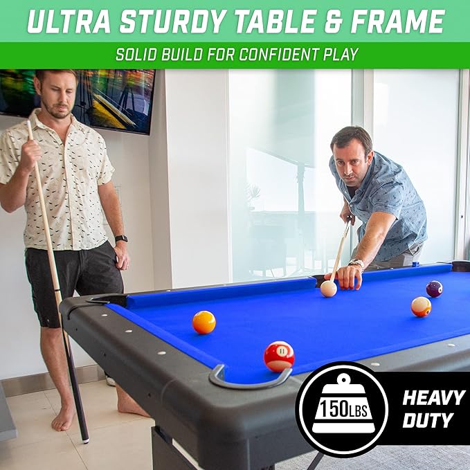 GoSports 6, 7, or 8 ft Billiards Tables - No Assembly, Choose Your Color - Portable Pool Table Includes Full Set of Balls, 2 Cue Sticks, Chalk and Felt Brush