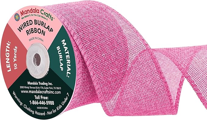 Mandala Crafts Pink Burlap Wired Ribbon 2.5 Inches Wide Jute Ribbons for Crafts - 10 Yds Roll Rustic Burlap Wrap Trim Ribbons for Wreaths Bows Party Decoration