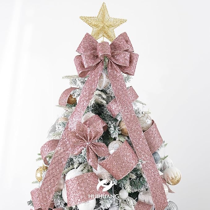 HUIHUANG Rose Gold Christmas Ribbon 4 inch Rose Gold Glitter Wired Ribbon Diamond Mesh Wire Ribbon for X-mas Tree Decorations, Wreaths, Garland, Large Bows Making, Home Decor -10 Yards