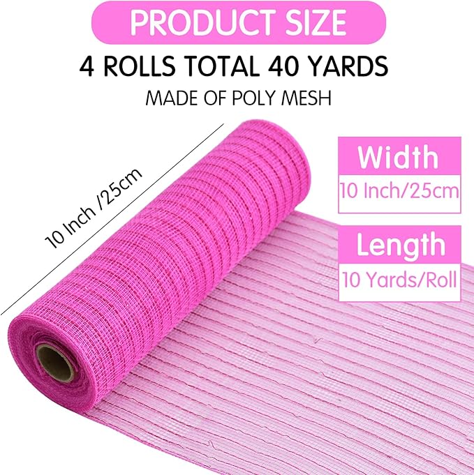 TONIFUL 4 Rolls 10 Inch Red/Pink/White Decorative Mesh Ribbbon Rolls, for Wreath Supplies Front Door Wreath Crafts Tree Decor Christmas NewYears Valentine's Day Decoration (30ft/roll, 120ft/Set)