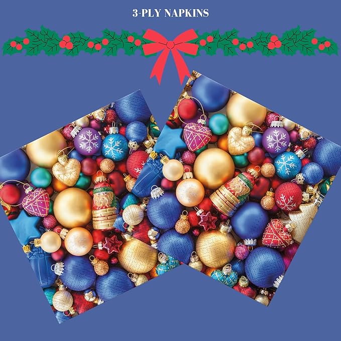 20-ct 13x13 Christmas Paper Decoupage Napkins, 3-Ply Servilletas Tissue Napkin for Dinner and Parties, Disposable Napkins (Holiday Ornaments)