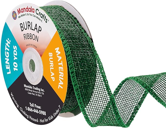 Mandala Crafts Green Burlap Ribbon 1 Inch Wide Jute Ribbons for Crafts - 20 Yds Roll Rustic Burlap Wrap Trim Ribbons for Wreaths Bows Wedding Party Decoration
