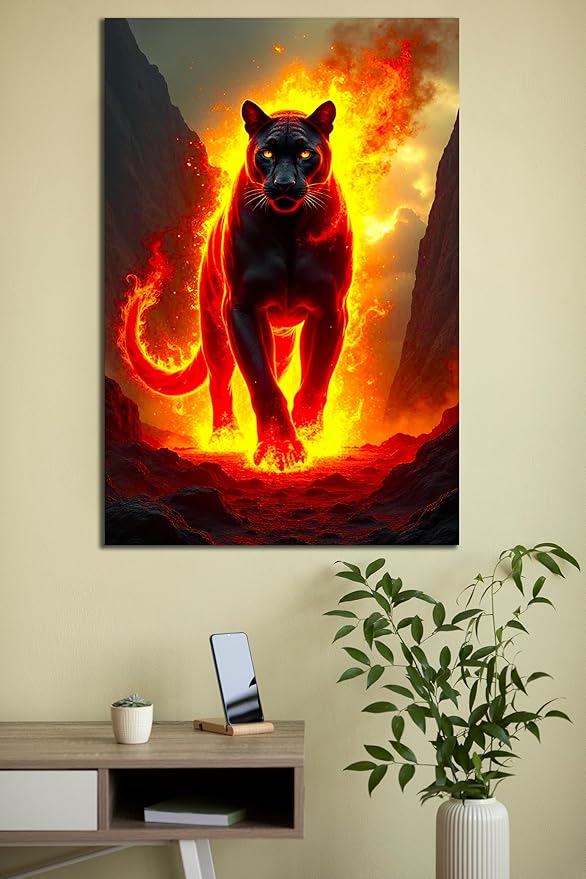 SpiritualHands Fiery Black Panther Glass Wall Art Painting for Living Room, Tempered Glass Modern Prints Decor, Large Vivid Color Panel for Bedroom, Kitchen, or Office