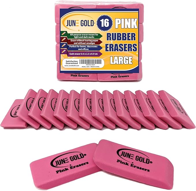 June Gold 16 Pink Rubber Erasers - This All-Purpose Eraser is not Too Hard and not Too Soft and is Perfect for classrooms, Homes & Offices