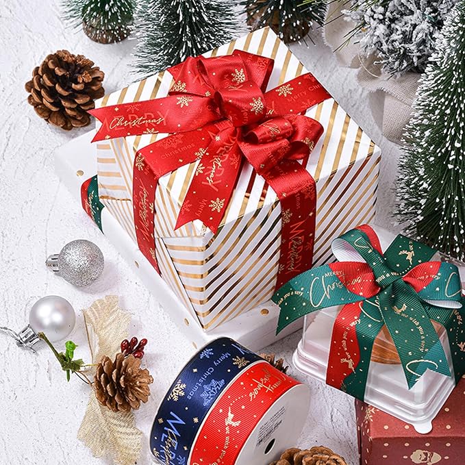 Christmas Gift Wrapping Ribbon, Red, Green, 2 Rolls Printed Grosgrain Ribbons for Crafts, Floral Bouquets, Sewing, Party and Festive Holiday Decor (2 Rolls(Color Blocking/Red), 1 Rolls=1in * 5Yards)